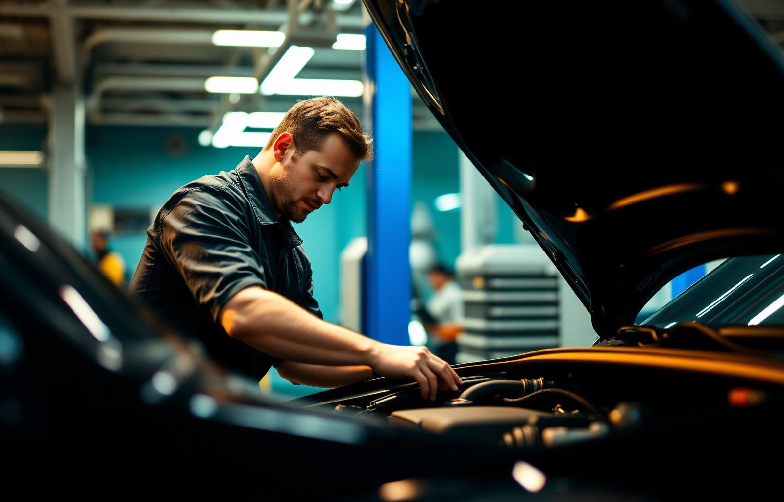 Skilled mechanic servicing a car engine